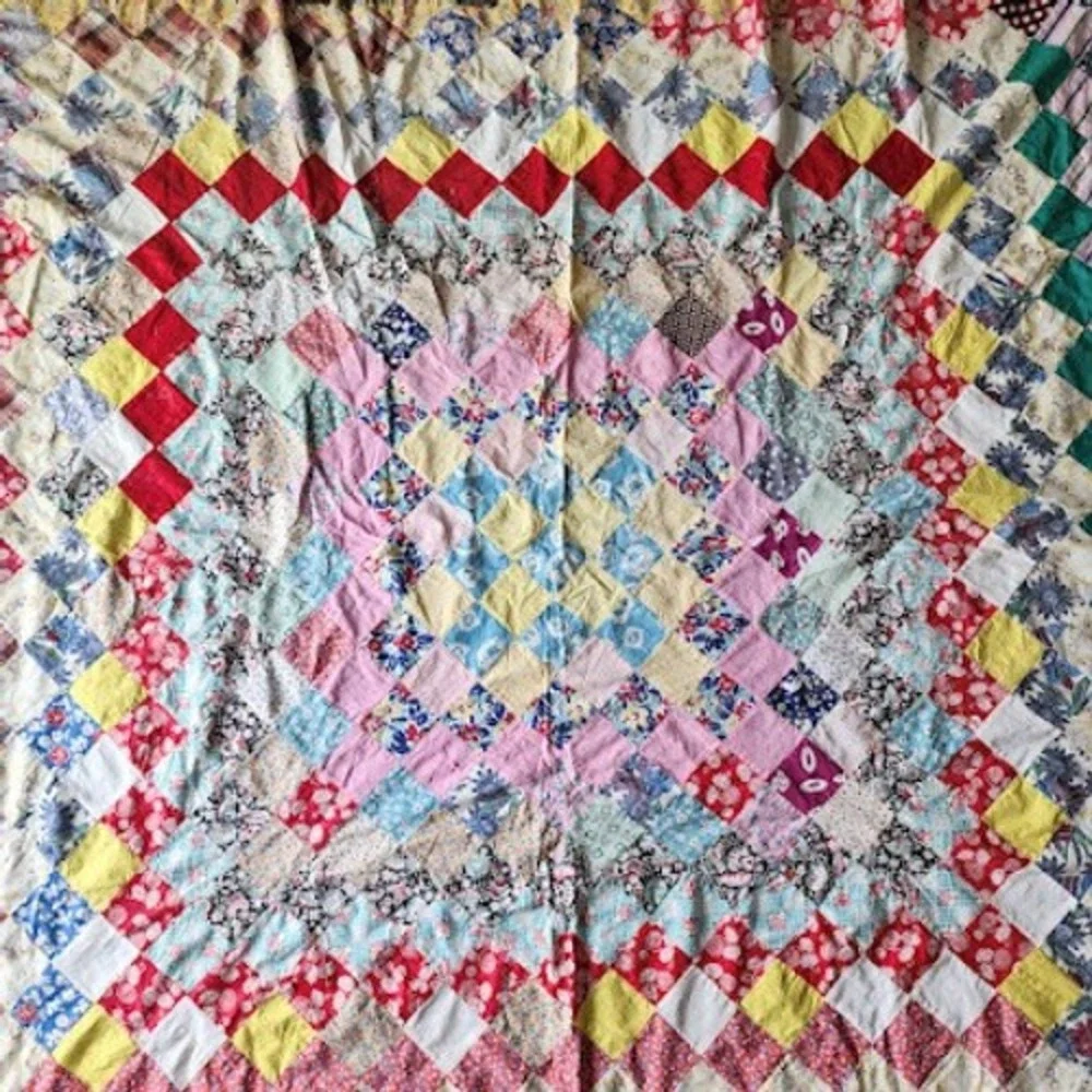 1940s Trip Around World Quilt Top Only Feedsack Patchwork 65x73 Scrap